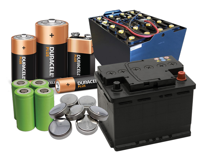 A stack of batteries, AA, button and car.