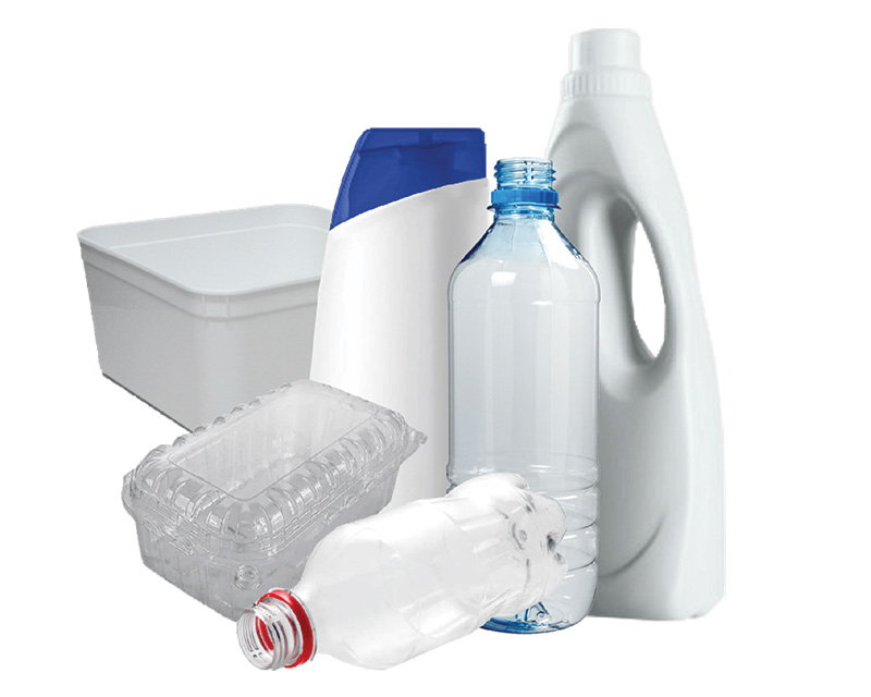 Various plastic containers and bottles, including a clear plastic water bottle, a white bottle with a blue cap, a detergent bottle, a plastic food container, a rectangular plastic container, an empty clear plastic bottle, and a transparent clamshell container.