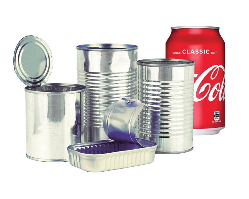  A group of empty tin cans and a red Coca-Cola can are arranged on a white background.