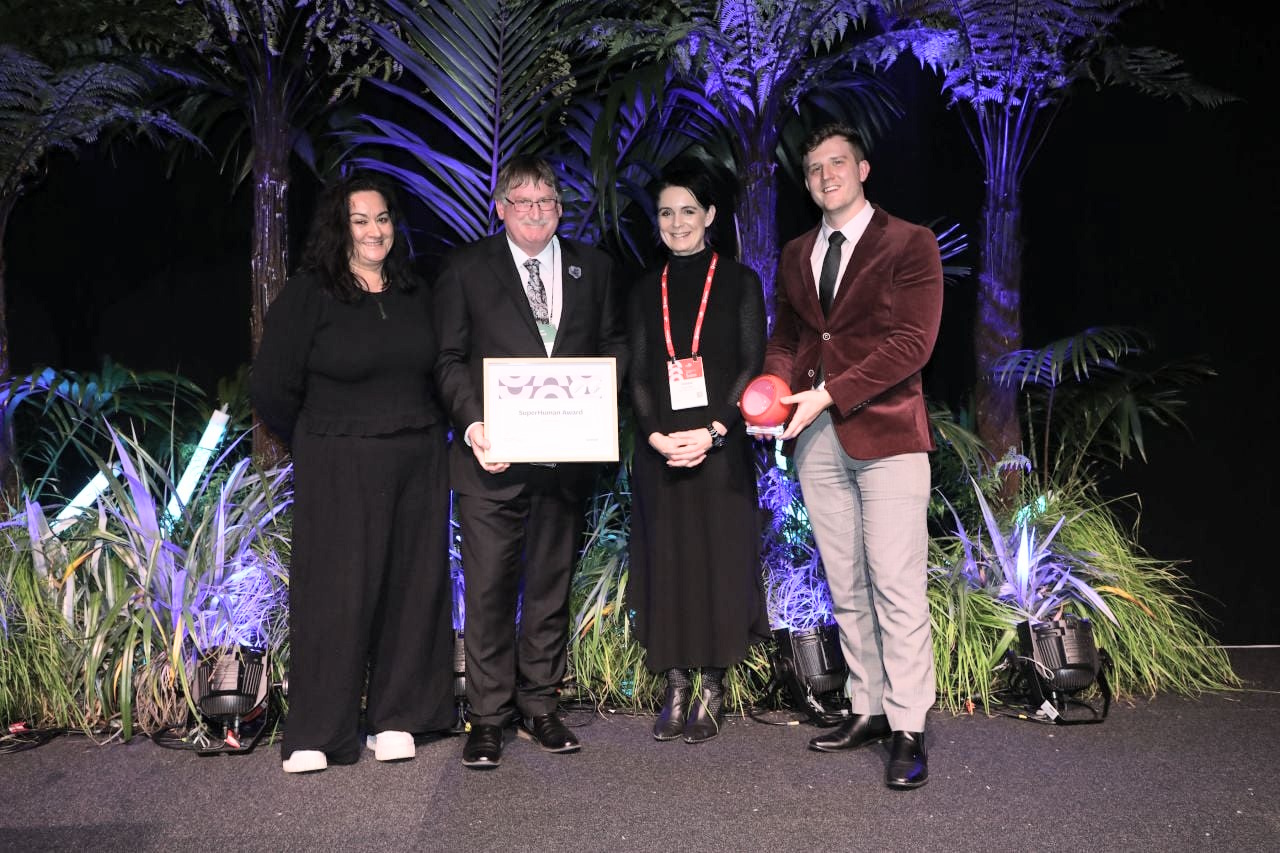 Gore District Councillor Neville Phillips with his SuperHuman Award and Mataura community board member Colleen TeAu, CEO Debbie Lascelle and Mayor Ben Bell.